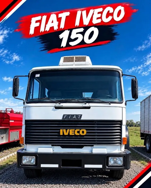 Camión Fiat Iveco 150 blanco con chasis plano, de frente